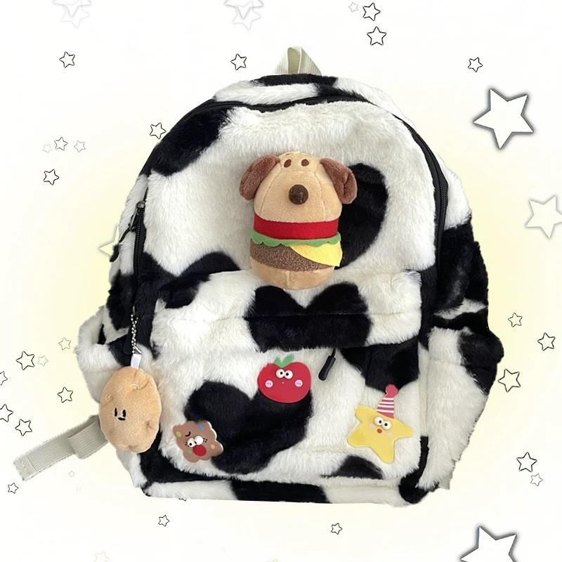 Apple Dog Burger Star Decoration Black And White Large Capacity Plush Backpack