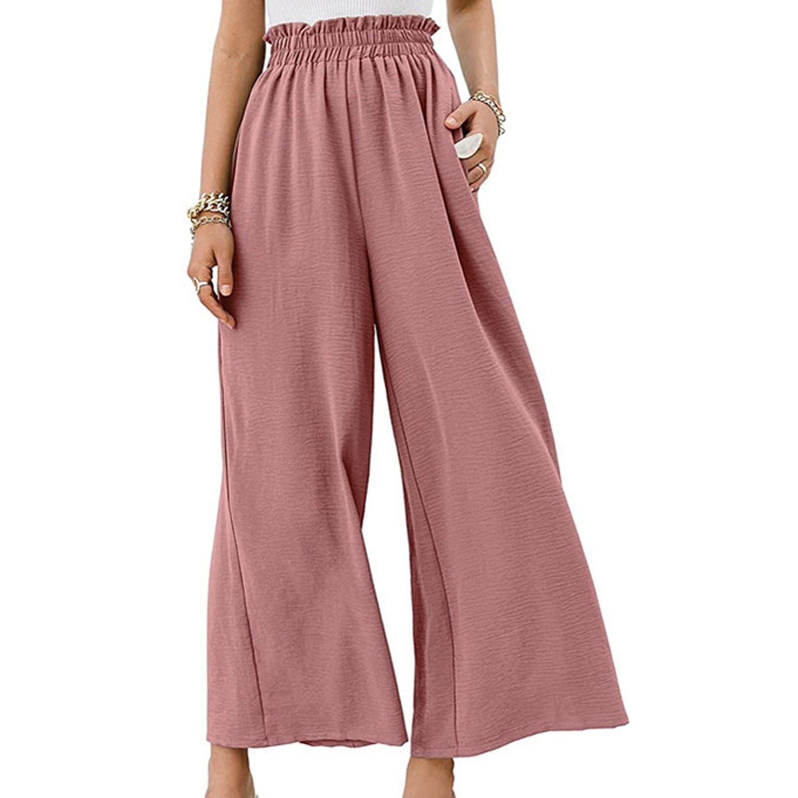 

Fashion Women Colours Cotton And Linen Wide Leg Trousers High Waist Loose Casual Trousers XL рожевий
