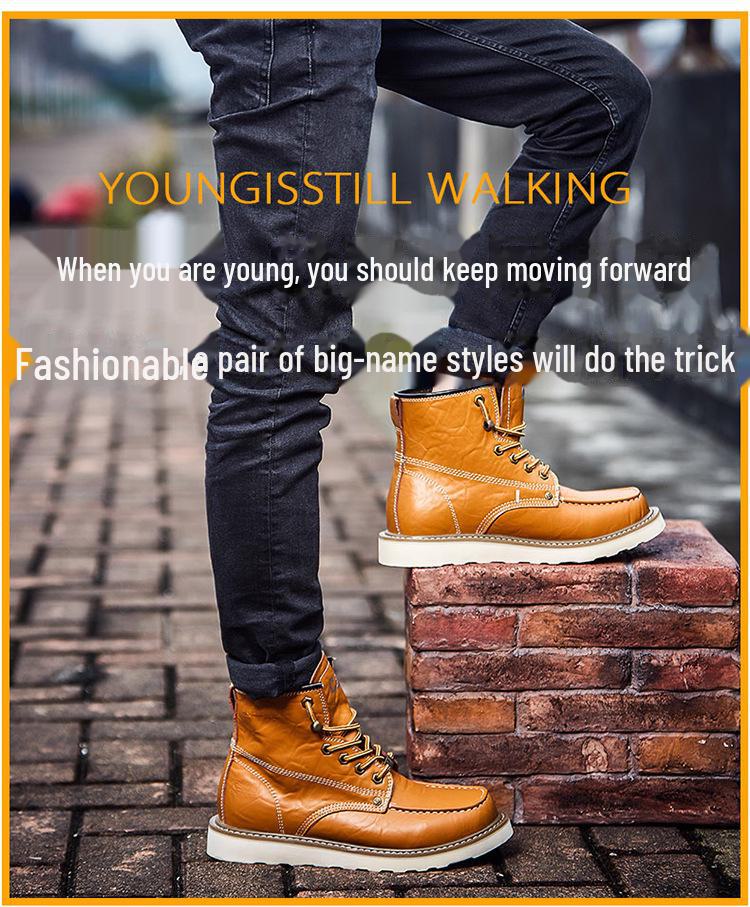 Unisex Carter Martin Leather Work Boots - British Style, High-Top, Yellow, Short Ankle Boots for Autumn and Winter.