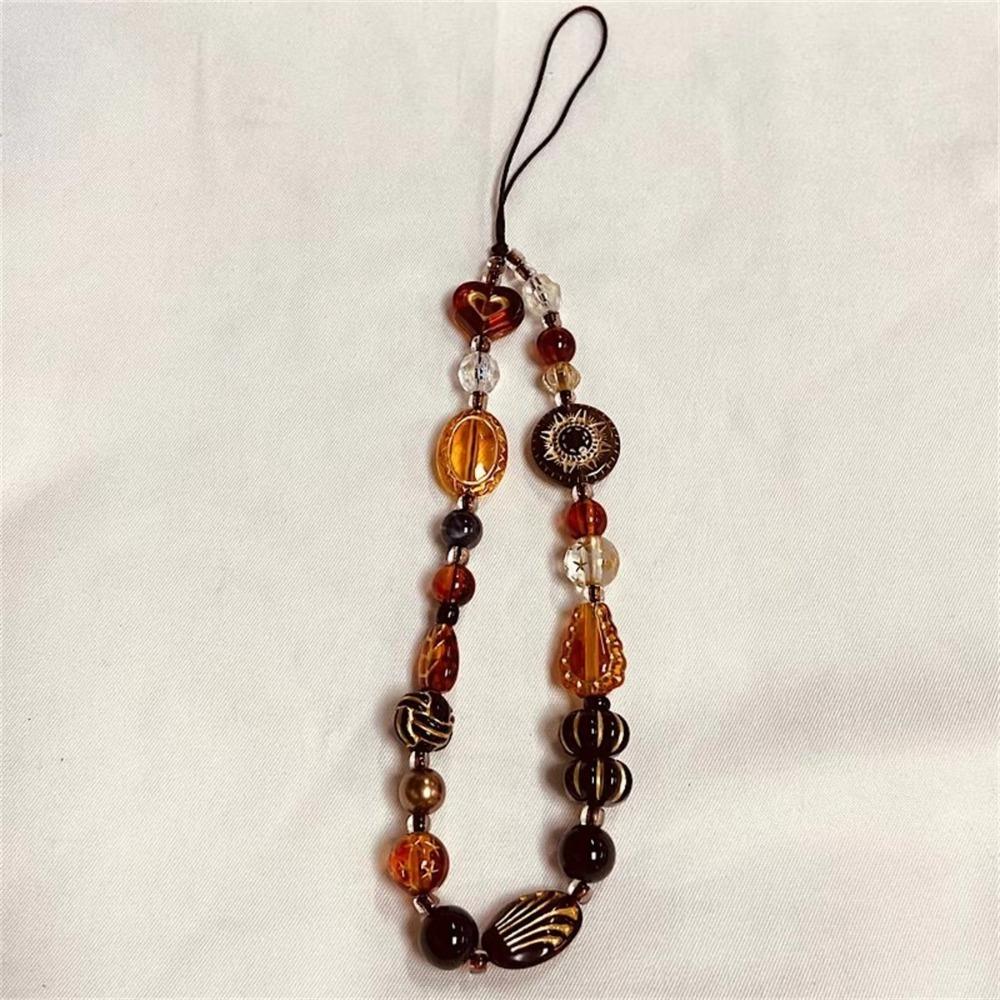 

Retro Phone Chain Rope Leopard Heart Beaded Bracelet Keychain Wrist Lanyard Strap For Girl Woman B