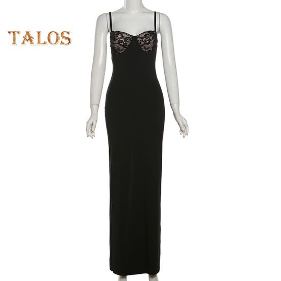 Damen Cami Spitze Bodycon Maxi Kleid Spaghetti Träger Ärmellos Schlitz Langes Kleid Sexy Tiefer Ausschnitt Abendkleid für Cocktailparty Nachtclubs