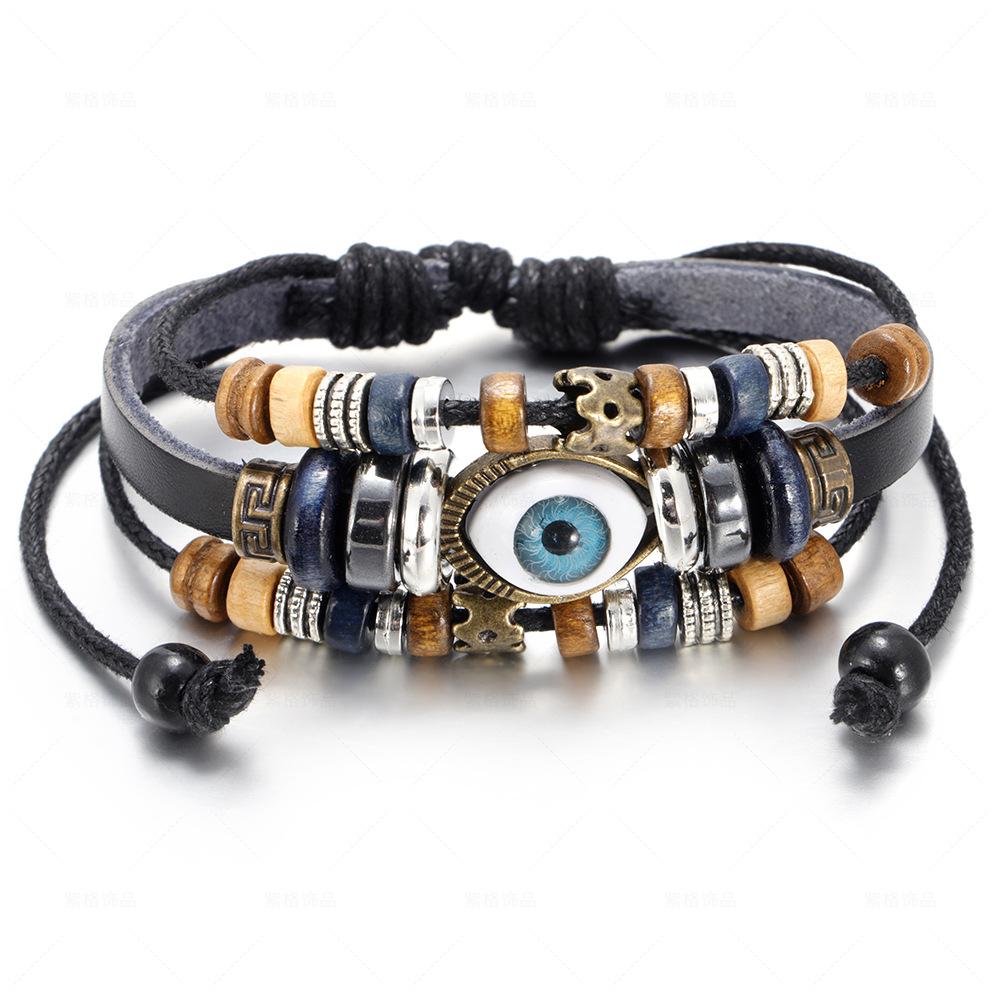 Bohemian Multilayer Braided Leather Bracelet with Eye Beads, Adjustable Couple Wristband