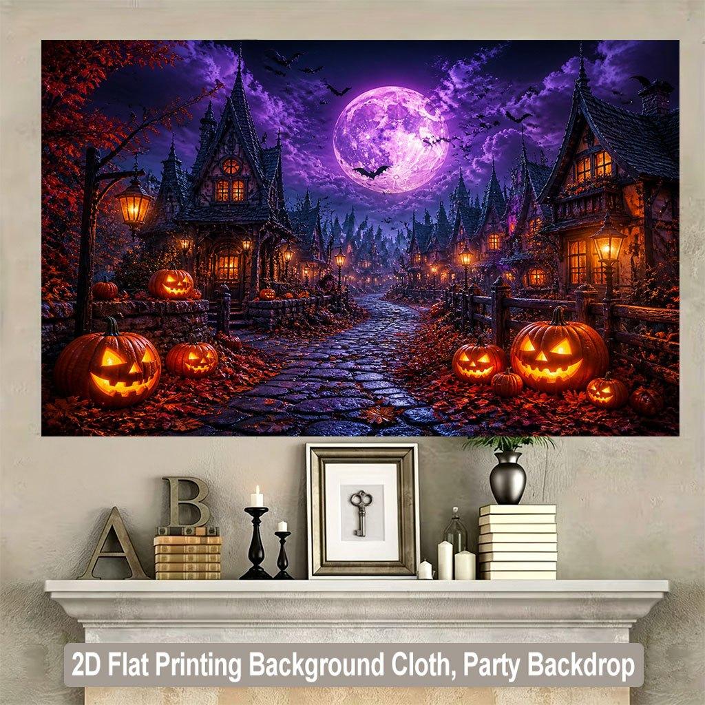 2D flat printing background banner 1 piece per pack. Halloween village with glowing pumpkin background fabric.zyc
