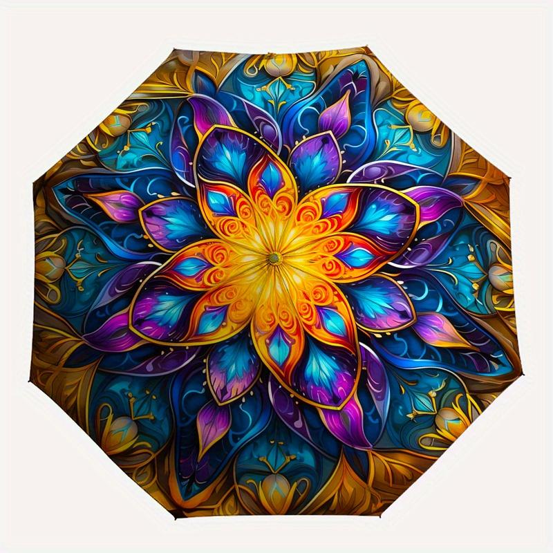 Mandala, Abstract Art Automatic Folding Umbrella  Simple Eight Rib Design, Bright Color Pattern, Durable Iron Frame, Ideal for Travel and Ou