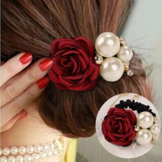 

F141 Korean Fashion Rose and Pearl Hair Tie with Rhinestone Elastic Band