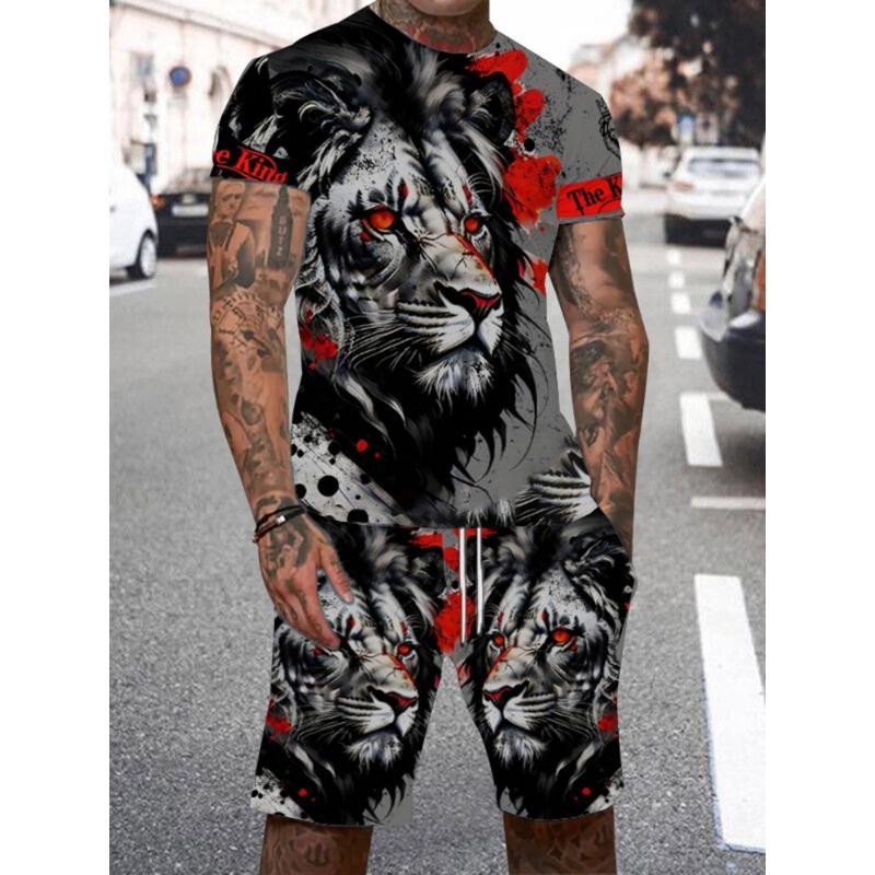 Ferocious Lion Summer Tracksuit Set 3D Printed Casual Men's T-shirt Shorts Male Sportswear Short Sleeve 2 Pieces Clothing Outfit