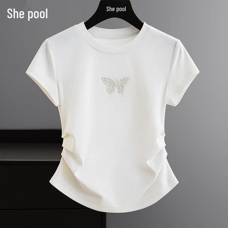 Tachi Women s Butterfly Embroidered Shirred T-Shirt S белый