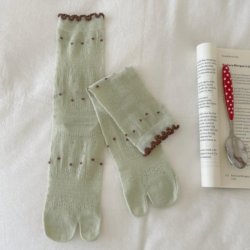 Summer Lightweight Children's Mesh Breathable Split-toe Socks with Two Toes, with Bowknot Lace Trim, Pile-up Socks