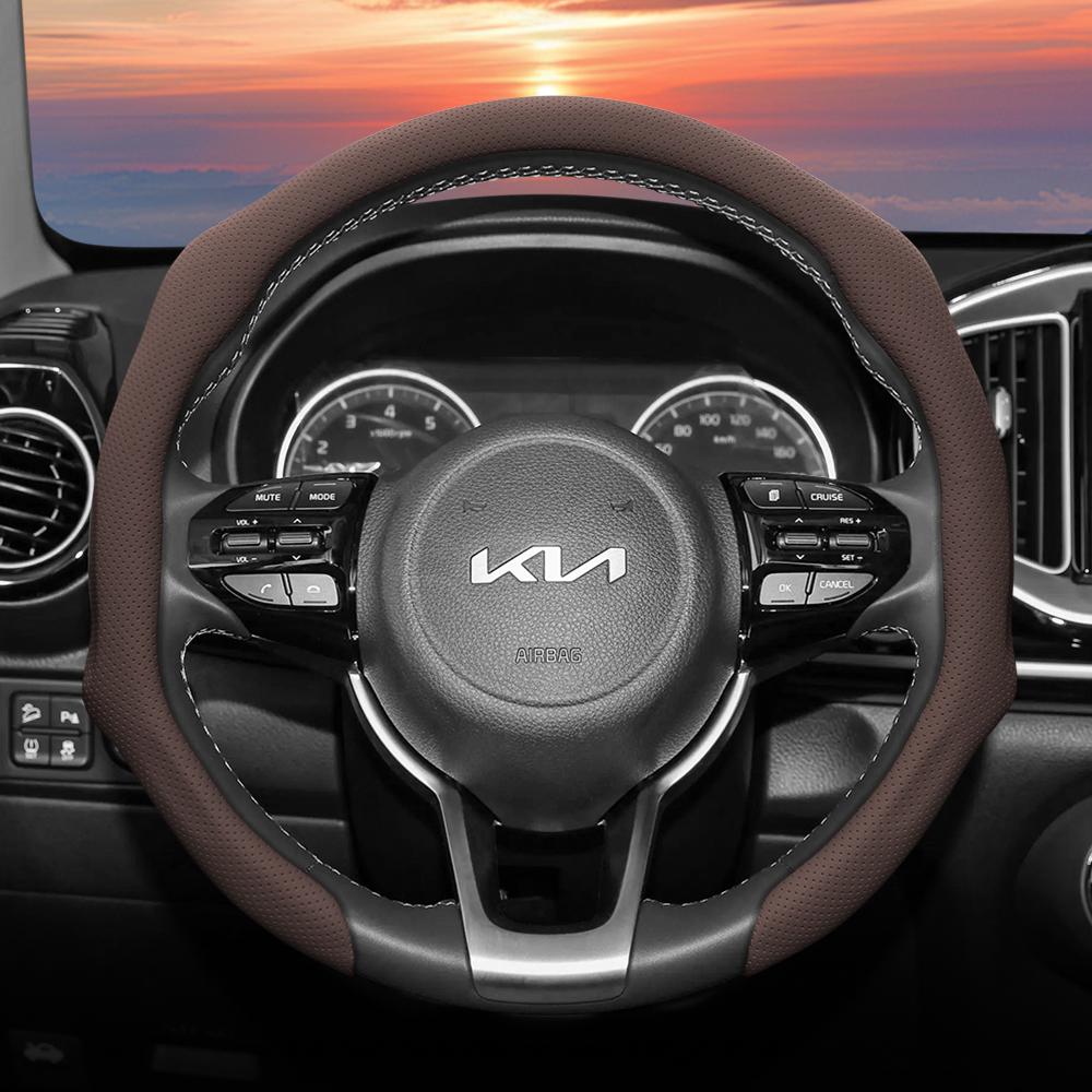 Suitable for Kia Perforated Leather Steering Wheel Cover, Non-Slip, Sweat-Absorbent, Breathable, Integrated Protective Case Sportage K5 Seltos Forte