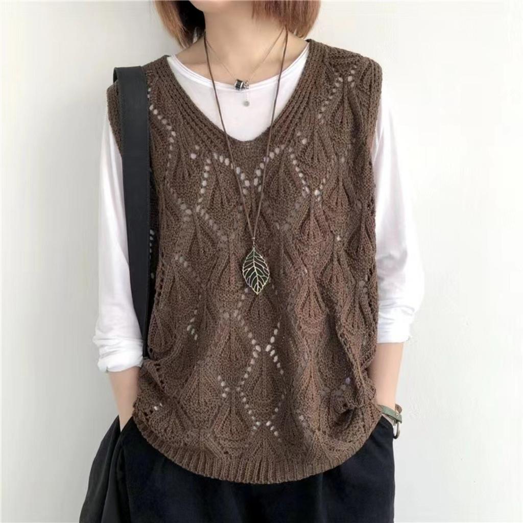 New, Retro, V-neck, Crochet, Knitted Sweater, Sleeveless Vest, Top, Loose, Hollowed Out, Pullover Vest