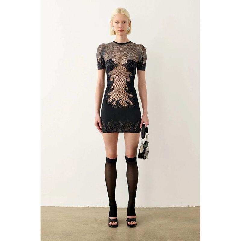 

Kkx Niche Gyaru Style Flame Hollow Mesh Patchwork Short sleeve Dress Y2g Sexy Tight Slimming Sheath Skirt Black One size