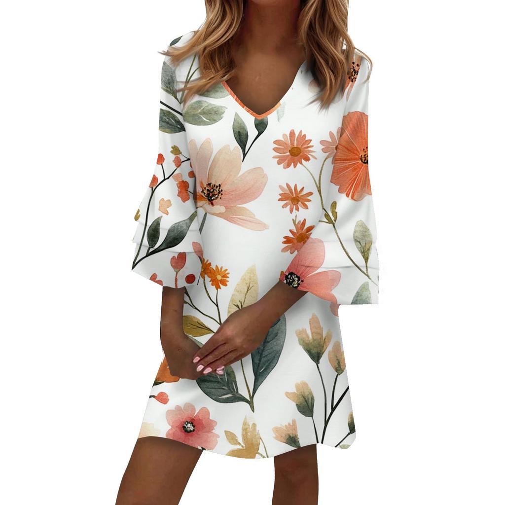 Women's Fashion V-neck Color Large Size Loose Long Large Swing 3/4 Sleeved Dress