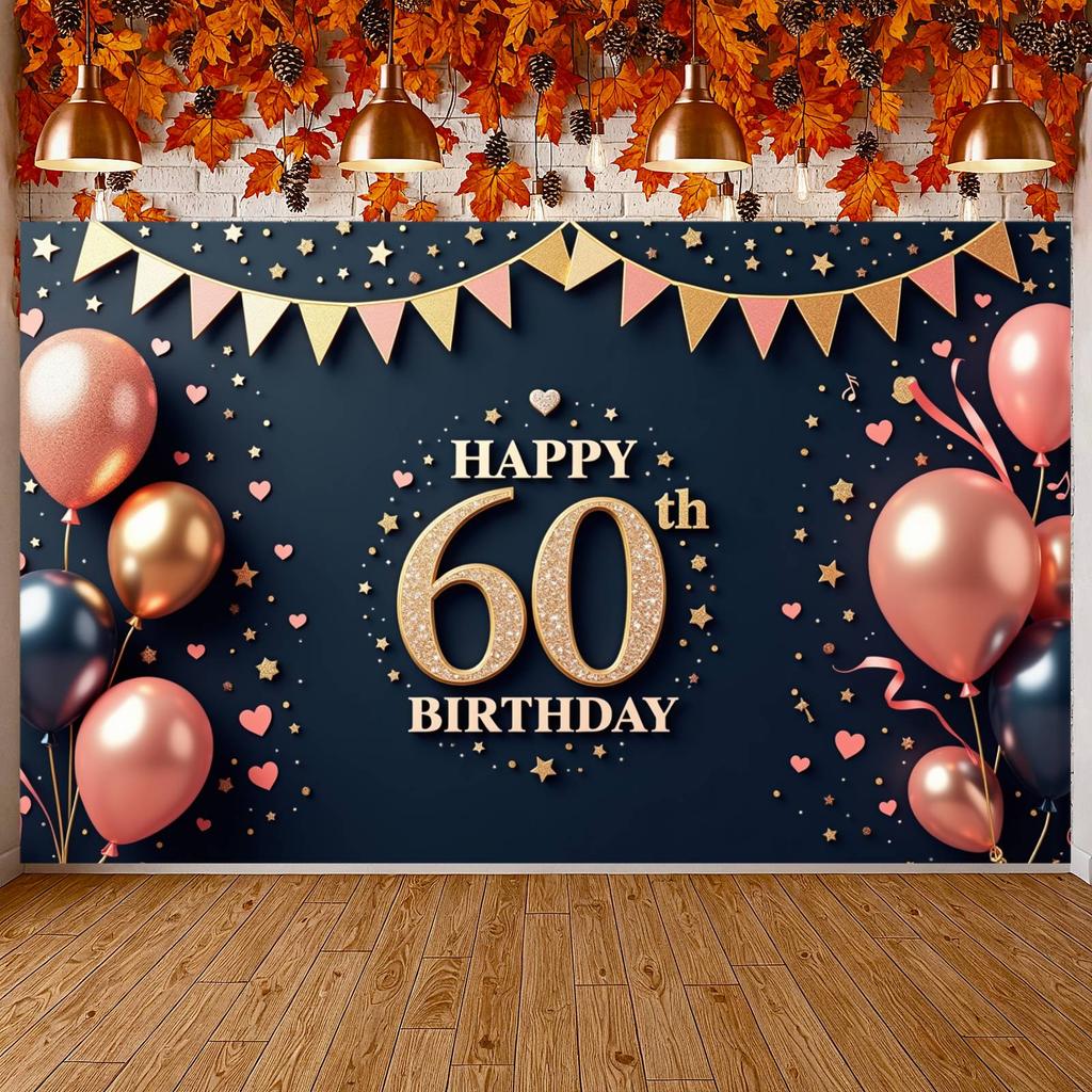 60th Birthday Celebration Background Triangle Pennant Banner 60th Birthday Display Luxury Birthday Backdrop Pink Heart Accents