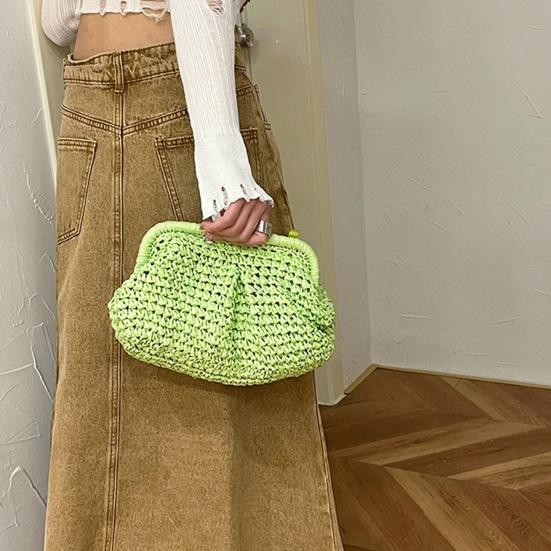 Women Shoulder Bag Slim Metal Chain Straw Braided Solid Color Large Capacity Handbag Shell Shape