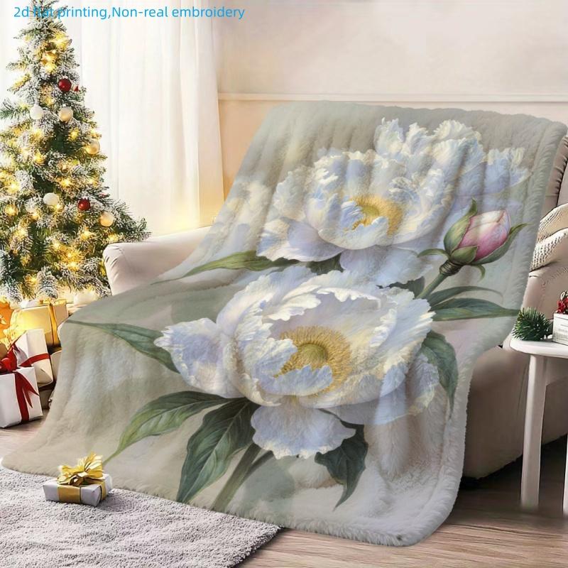 1pc Floral Print Blanket, Peony Pattern, Multi-Size Available, Autumn Thanksgiving Christmas Nap Blanket, Suitable for Living Room, Bedroom, Study, Of