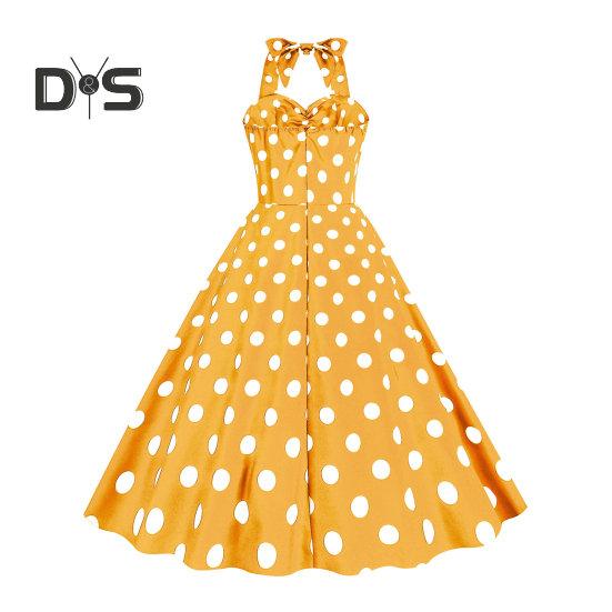 Women Vintage Dress 50s Retro A-line Big Swing Sleeveless Dot Print Contrast Color Elastic Bust Halter Neck High Tight Waist Backless Knee Length
