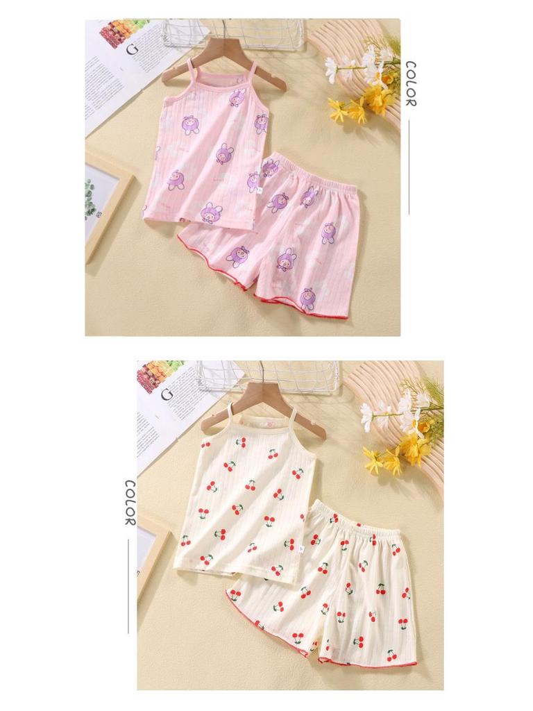 Girls' Summer Pajama Set: All-Cotton Tank Top & Short Skirt with Suspenders - Sweat-Absorbent Baby Homewear for Air Conditioning Comfort