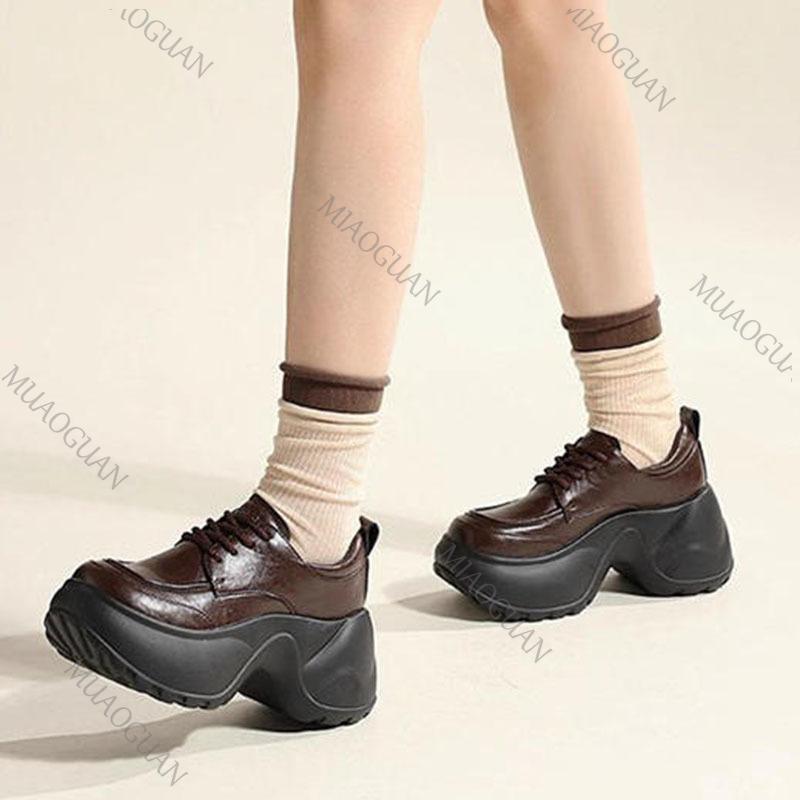 Fashion Retro Thick Bottom Heightening Mary Jane Shoes Spring Autumn Women Lace Up Chunky High Heeled Loafers Black Brown Fashion Pumps
