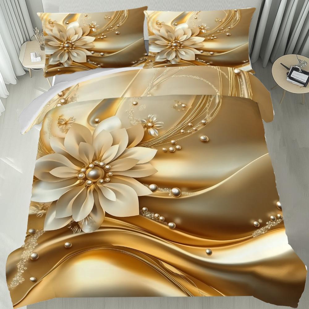 

3pcs Golden Bedding Set Gilding Flowers 3D Printed Cozy Duvet Cover King Queen Twin Size Birthday Gift for Adult Bedroom Decor EU Single 135x200cm