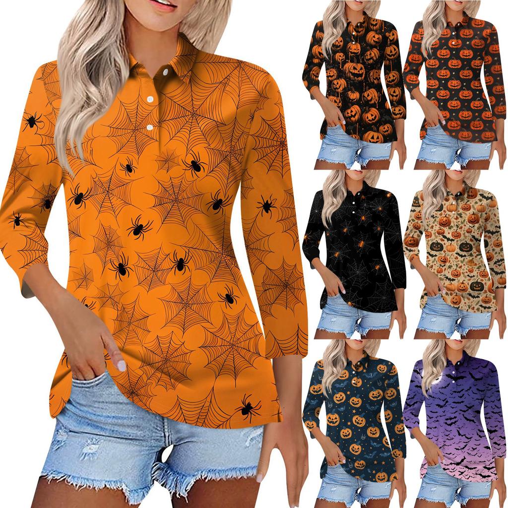 Dámská móda Ležérní Klopa Krátký 3/4 rukáv Halloweenský potisk Košile Dámské Zapínací topy