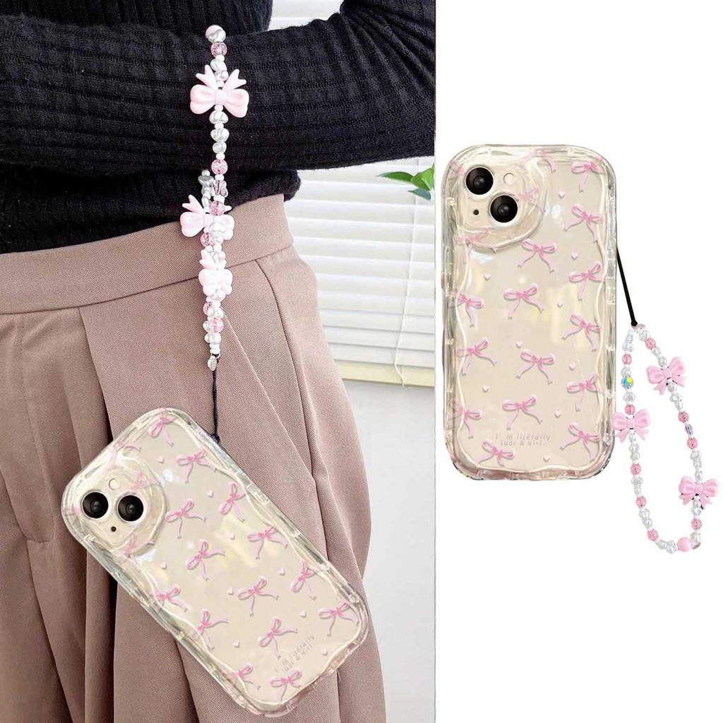 Case For Vivo V60 V40 V50 Lite Y31 5G Y33S Y21S Y28 4G Y17S Y04 Y03 Y29S Y28S Y18 Y400 Pink Bowknot Wrist Chain Cover