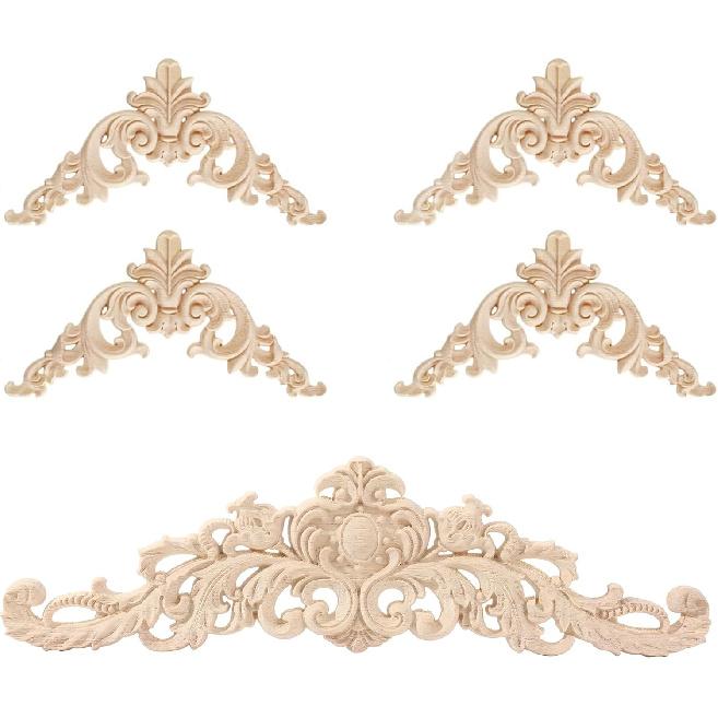 5PCS Hand Wood Carved Onlay Applique Wood Appliques Onlays DIY Carved Furniture Appliques Onlays Unpainted Carving Decal for Cabinet Bed Door Mirror 2