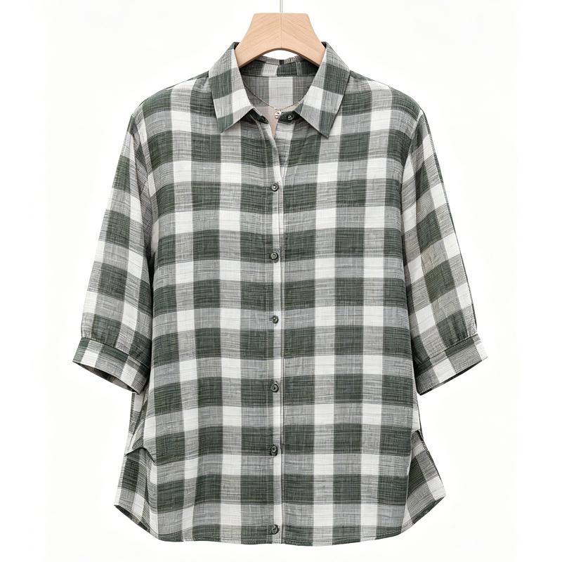 

Plus Size Women s Summer Plaid Shirt, 3/4 Sleeve Button Down Blouse (3XL-7XL) 3XL