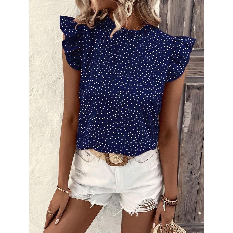 Moda damă ocazional vară primăvară cu buline imprimeu cu mânecă scurtă cu decolteu O bluze și cămăși