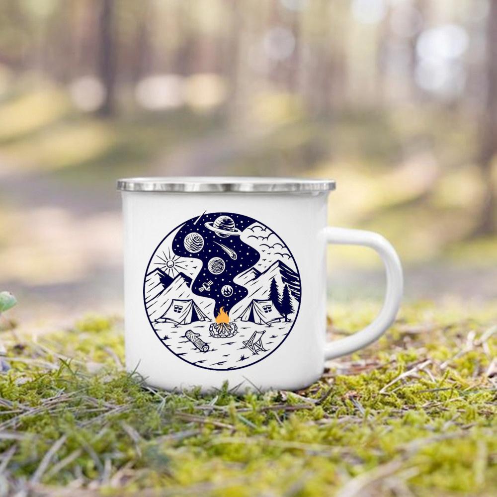 Hrnek s potiskem Měsíc Slunce Hory Dobrodružství Táborák Párty Pivo Kávový šálek Kempingový smaltovaný hrnek Horská rukojeť Šálky Dárky pro kempaře