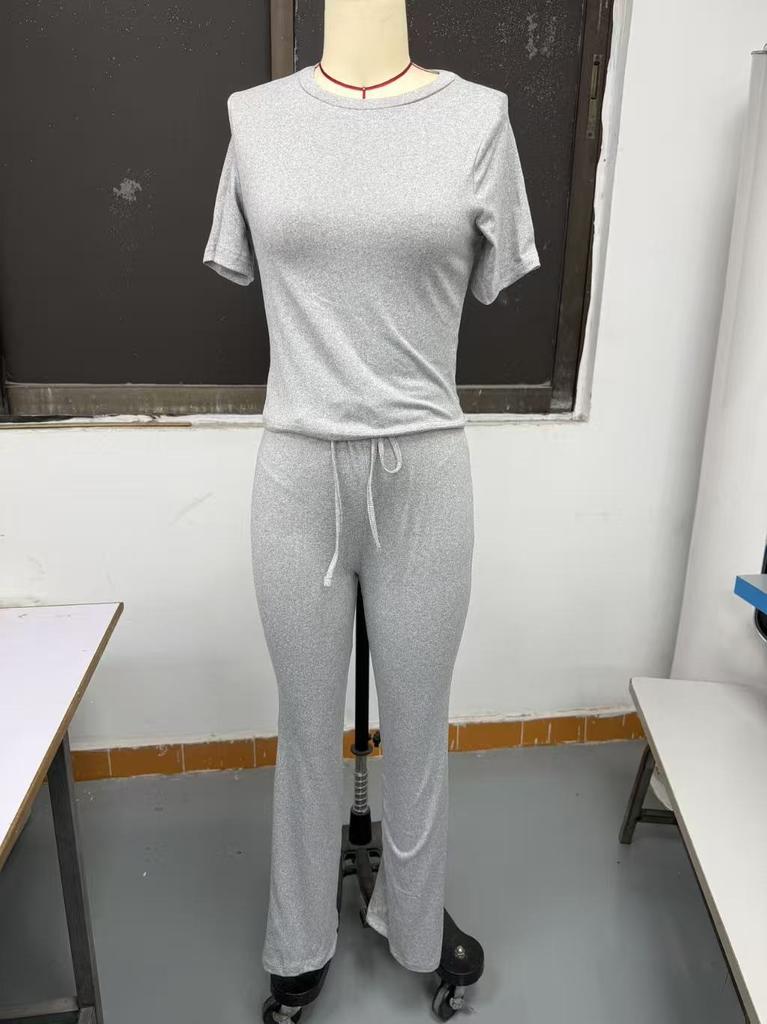 Women's Slim Fit Two-piece Matching Outfit Short Sleeve Crew Neck Crop Top Drawstring High Waist Flare Pants Tracksuit