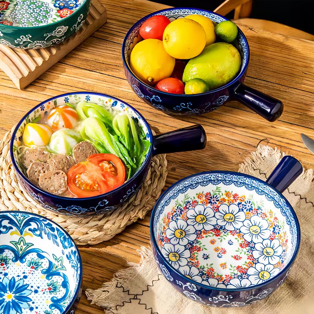 Bohemian keramická ručne maľovaná reliéfna vzorovaná miska na šalát s rúčkou Kuchynské pečivo Mikrovlnná rúra a rúra bezpečné 1 ks