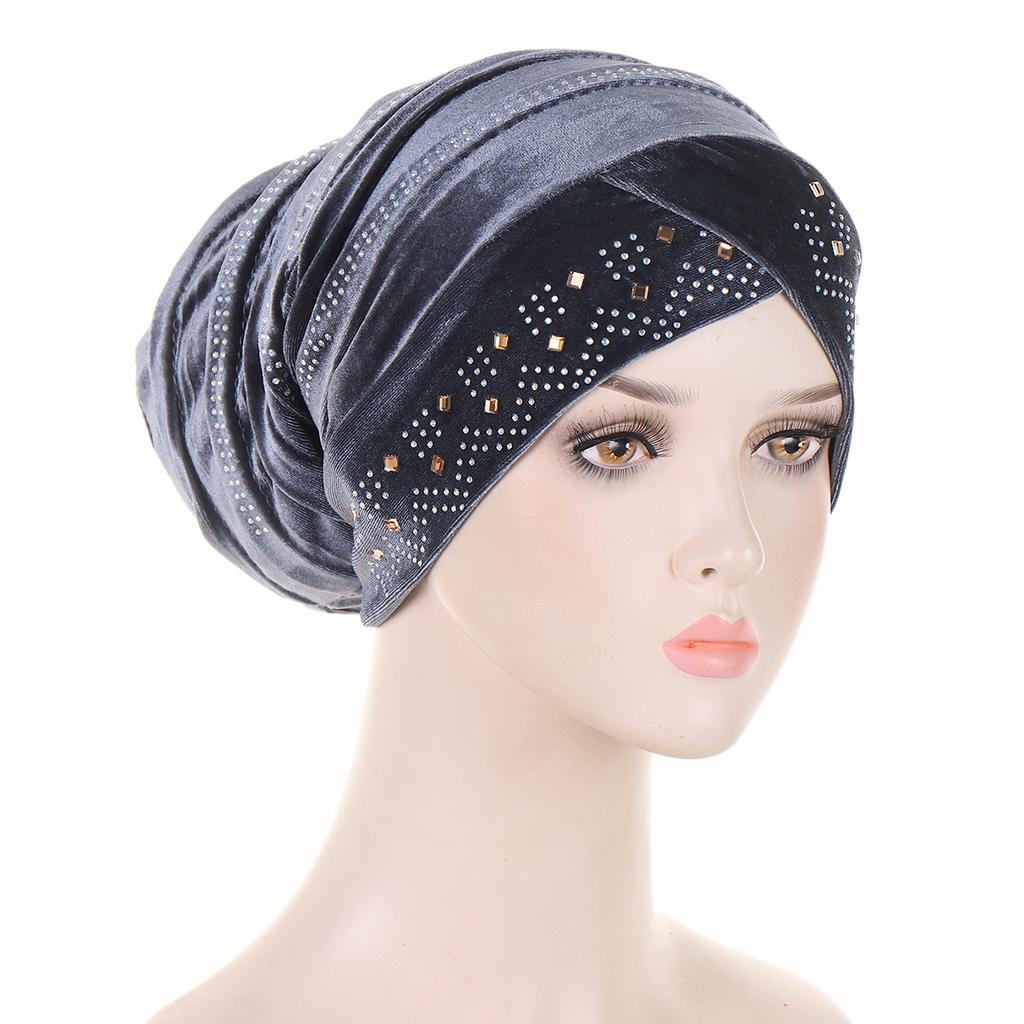 Glitter Diamonds Pleated Turban Caps for Women Soft Velvet Head Wraps Caps Muslim Headscarf Bonnet Female Beanie Pullover Cap