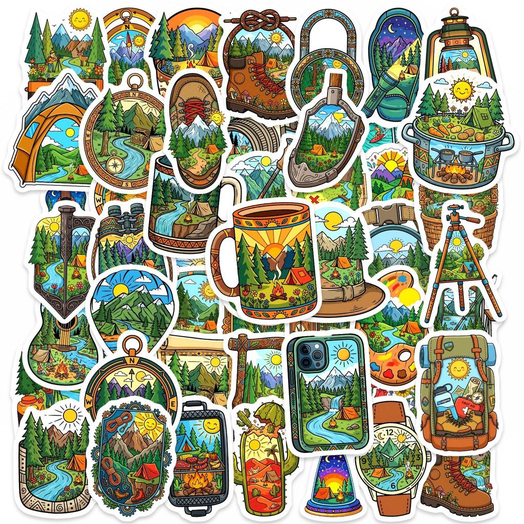 50 Outdoor Camping Adventure Stickers Mountain River Tent Campfire Tourism Scenic Container Material Stickers