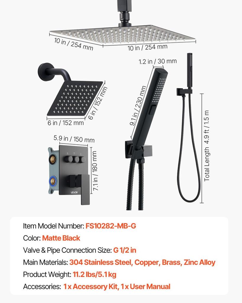 Shower Faucet Set, 254 mm Ceiling Mount Rainfall Shower System with 152 mm Wall Mount Head and 2 in 1 Handheld Spray, Rotatable 3-Function Dual Rain