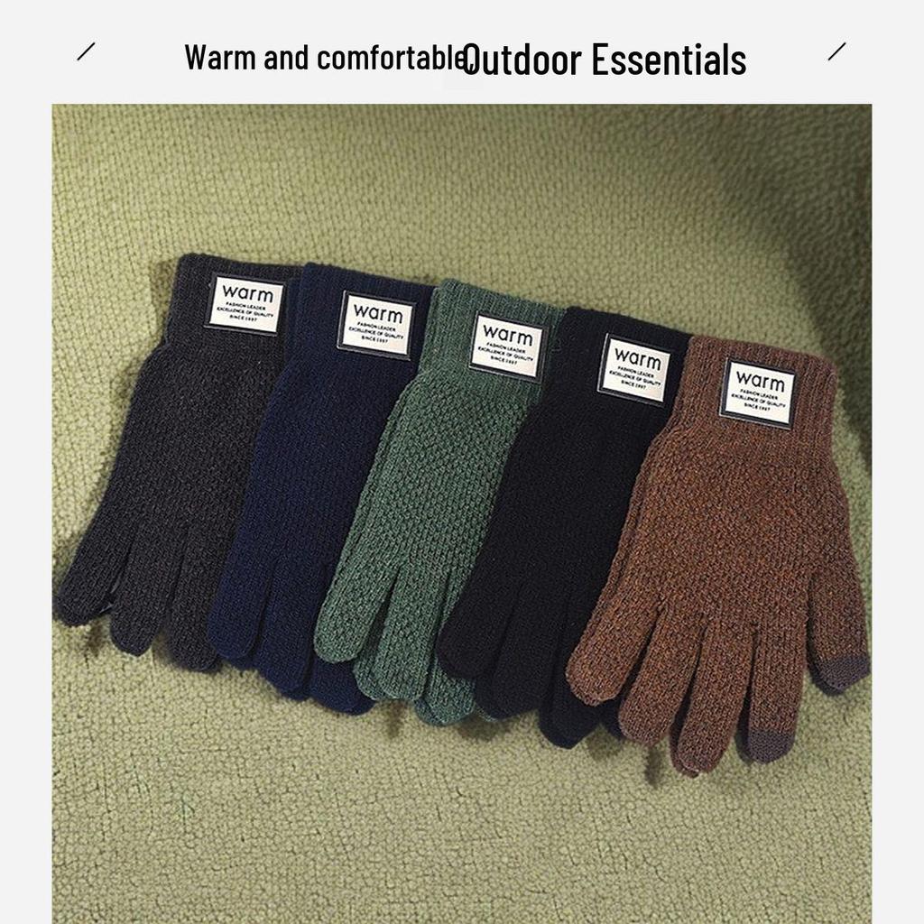 Korean Style Fleece-Lined Touchscreen Wool Gloves for Men - Thick, Warm, Cold-Resistant Hand Protection for Cycling & Outdoor Activities
