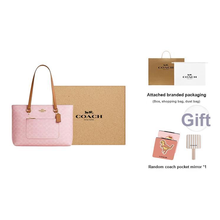 Coach Coated Canvas Tote Bag With Side Zipper Pocket Women Handbags Gold Pink CEA21-IMPO