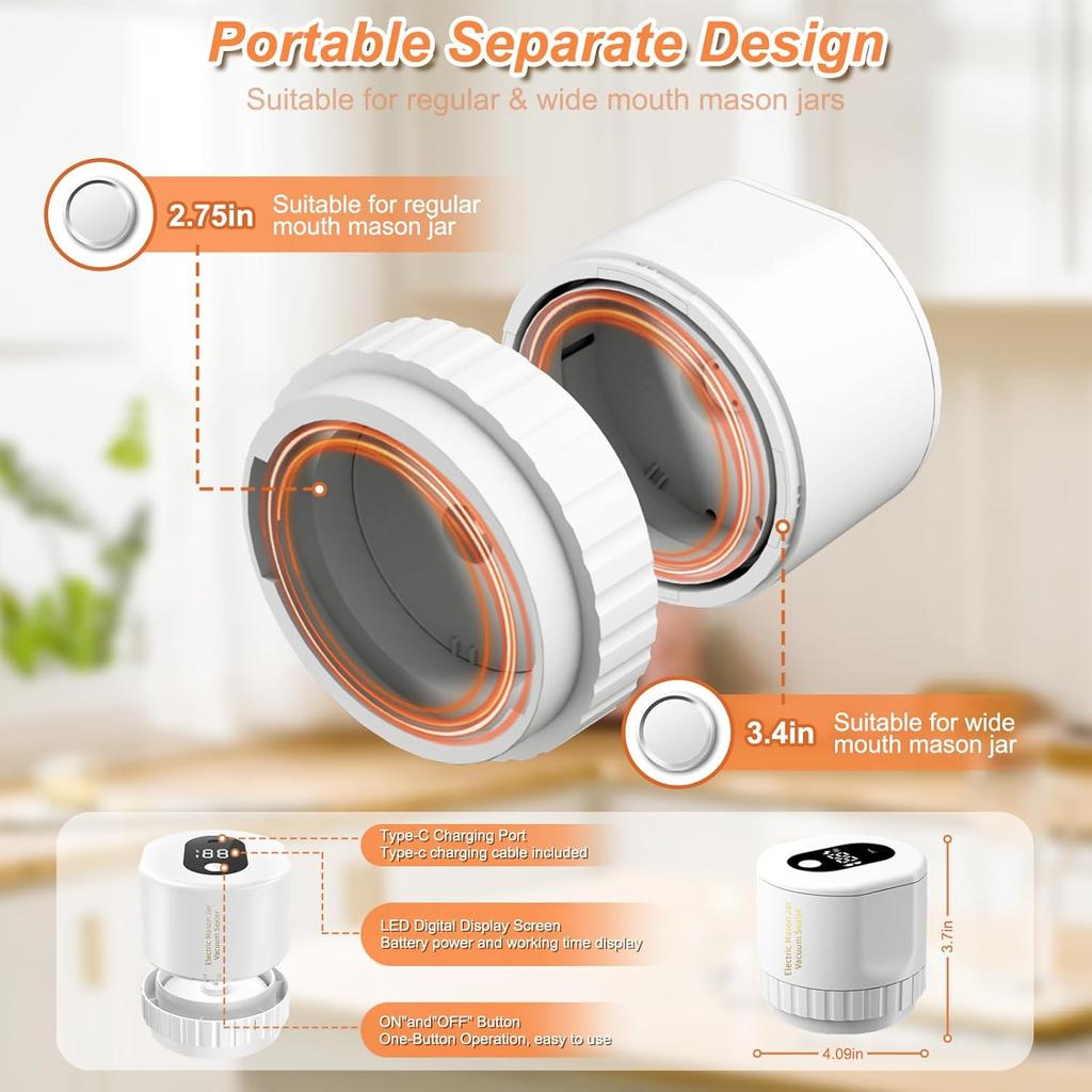 Vakuová zavařovací sklenice, Elektrická vakuová sada na zavařovací sklenice pro širokohrdlé a běžné hrdlo zavařovacích sklenic, pro skladování potravin a fermentaci (Bílý)