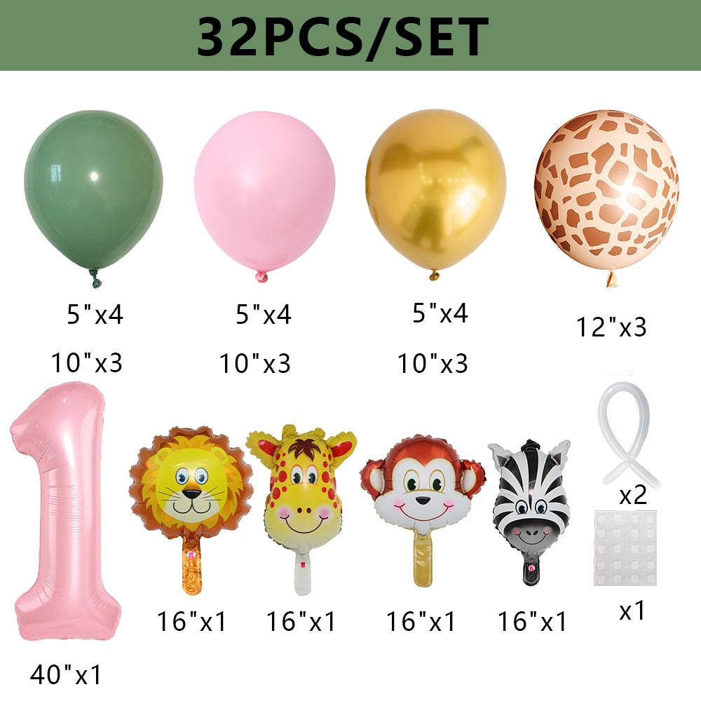 1set Carton Animal Balloon Tower with Pink Number Balloon for Girl's Wild One Themed Jungle Safari Birthday Party Decorations