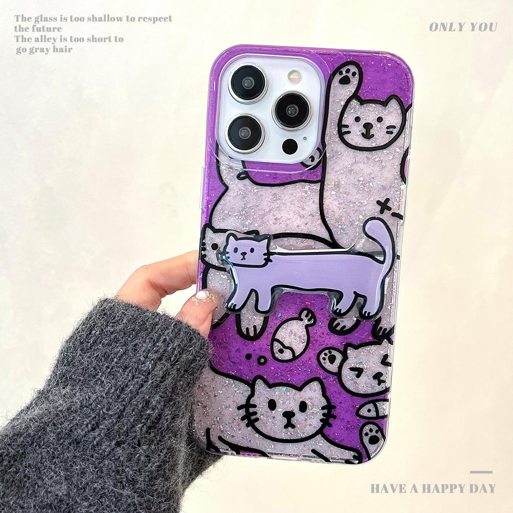 Cute Cat Stand Suitable for Apple 16pro Mobile Phone Case Iphone15 Protective Case 14 Glitter Powder 13 Soft Shell