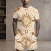 Men Plus Size Round Neck Short Sleeve Yellow Brown Red Printed Tie Dye Two Piece Shorts Set