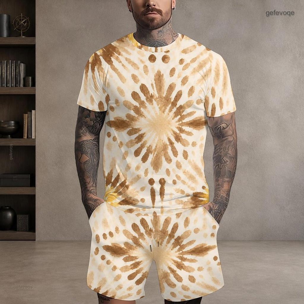 Men Plus Size Round Neck Short Sleeve Yellow Brown Red Printed Tie Dye Two Piece Shorts Set