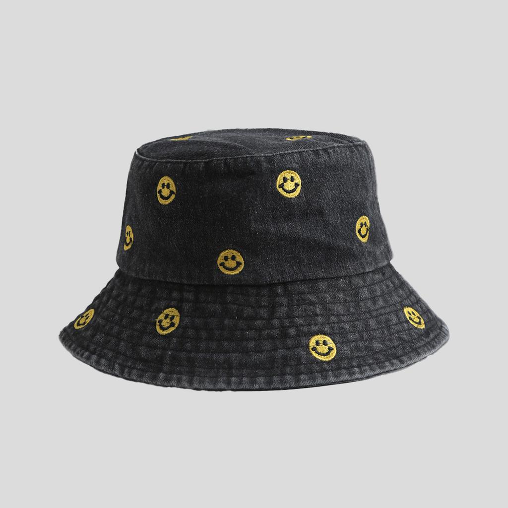 Simple smiley face embroidered denim bucket hat female Harajuku retro basin hat spring and summer sun protection visor male