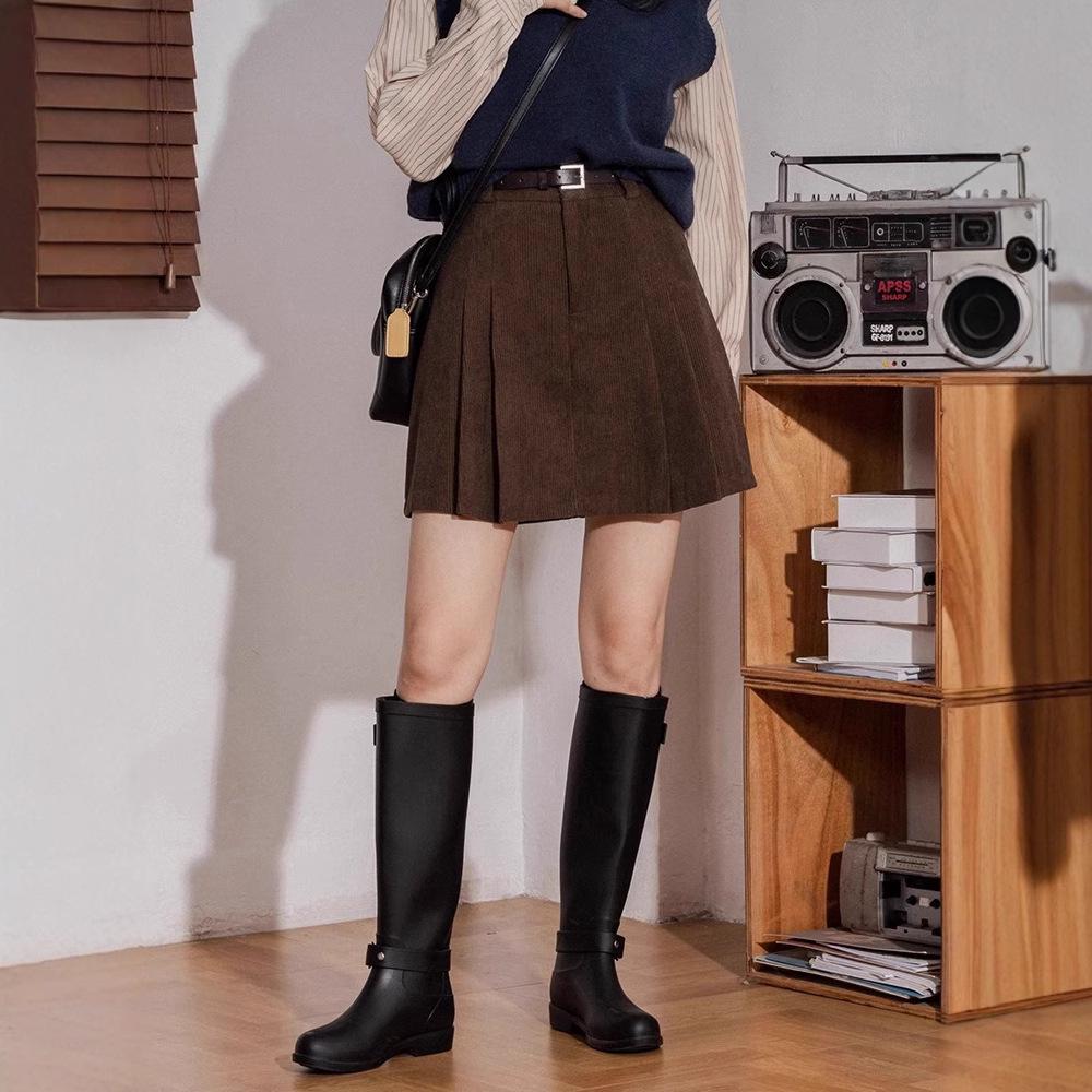 Autumn Corduroy High-Waist Pleated A-Line Mini Skirt for Women