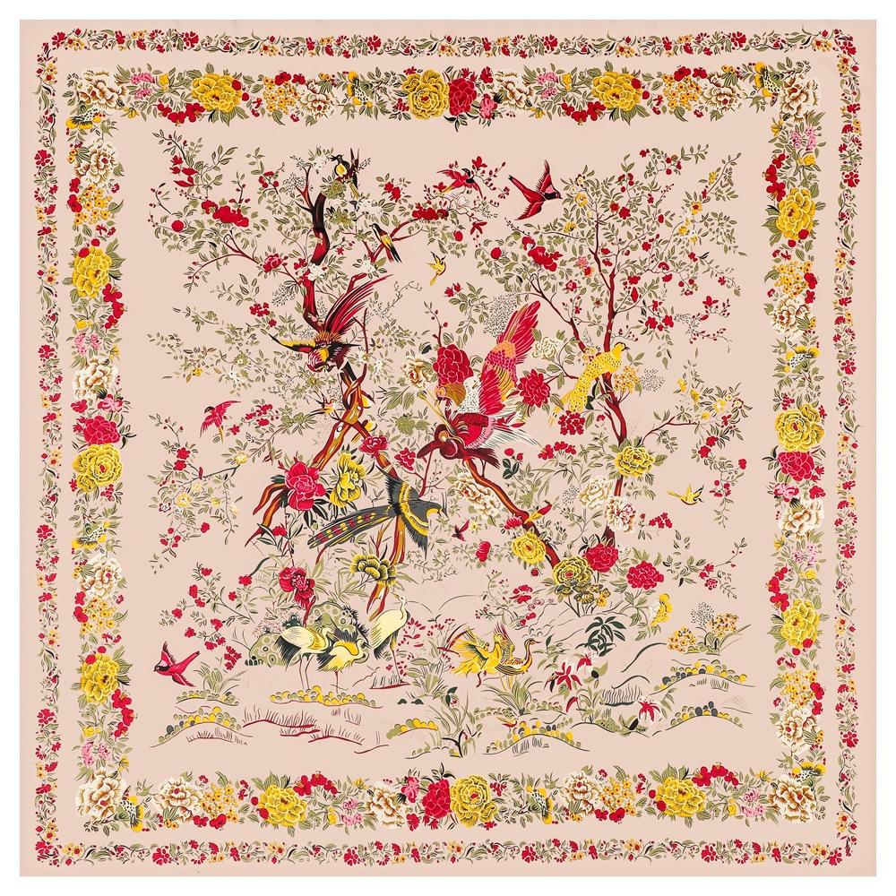 Lenço de Seda de Luxo Estampado com Pássaros e Flores de Rosa 130cm*130cm para Mulheres Faixa de Cabeça Lenços Quadrados Grandes de Alta Qualidade Xales Femininos de Sarja