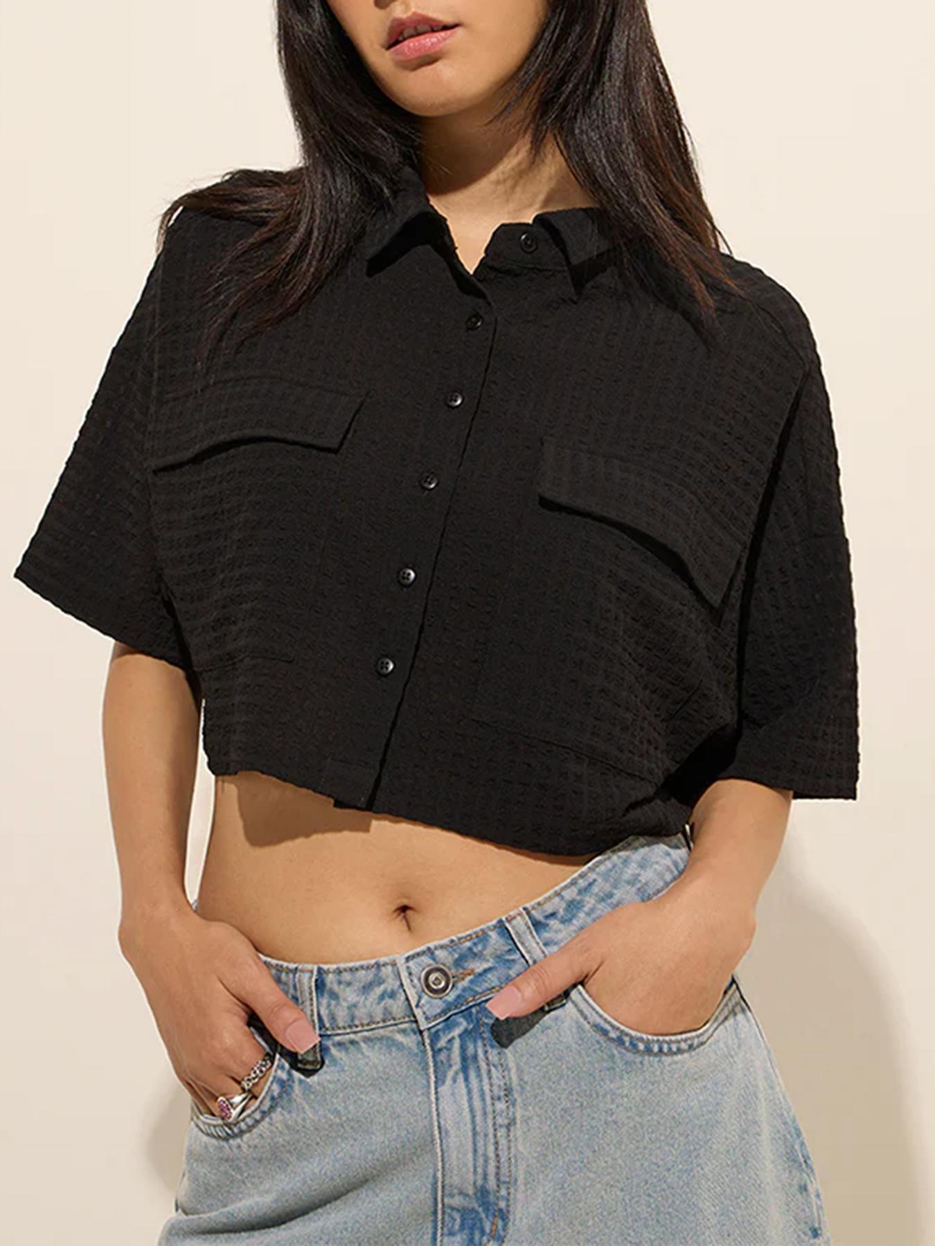 Womens Textured Casual Short Sleeve Loose Cropped Shirt S