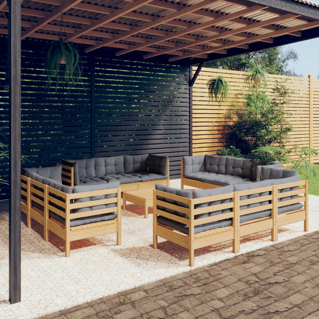 Vidaxl 13-Cz. Garden Lounge Set, Grey Cushions, Pine