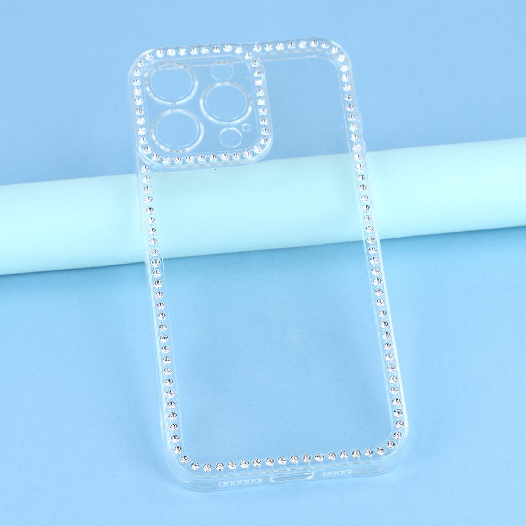 For iPhone 15 Pro TPU-deksel med strass-dekor, gjennomsiktig bakdeksel, presise utskjæringer