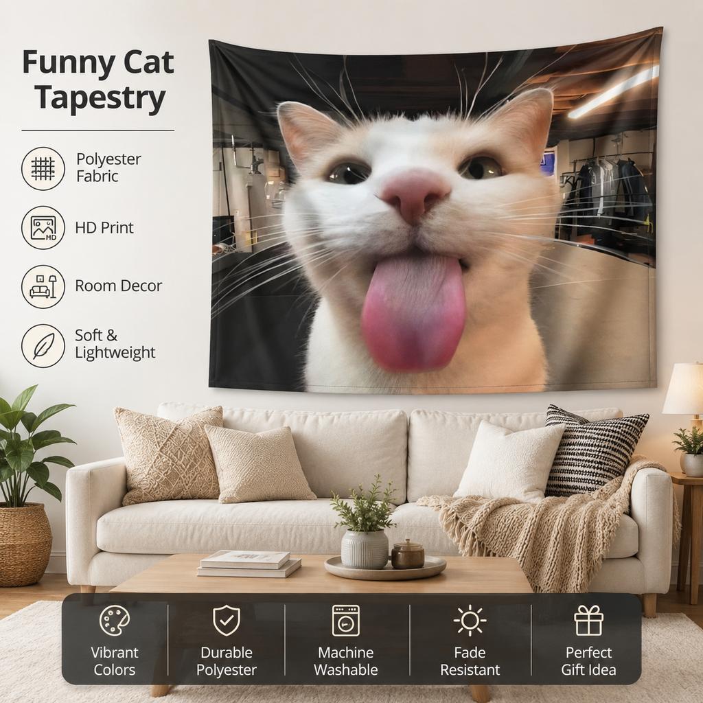 Quirky White Cat Tapestry Silly Face Meme Wall Hanging Flat Print Aesthetic Room Decor for Teen Bedroom Dorm Living Room