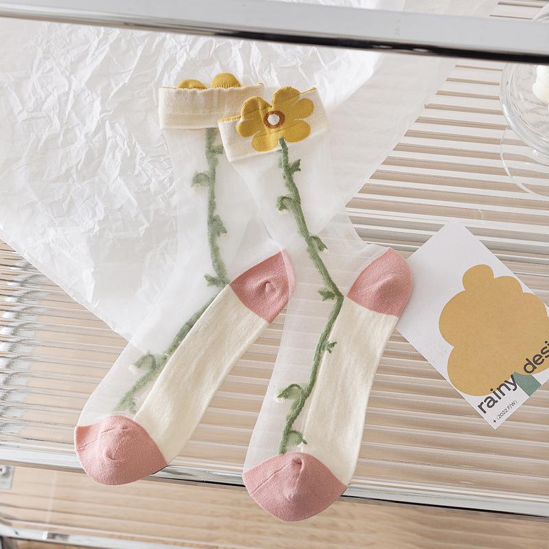 Tulpenmuster Transparente Seiden-Kniestrumpfhosen für Damen – Trendige Sommersocken