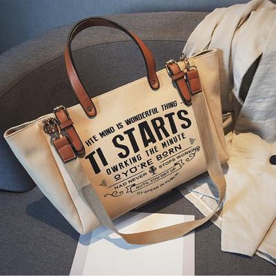 Borsa Tote Casual da Donna in Tela, Borsa a Spalla Grande Capacità Stampata con Lettere, Borsa a Tracolla Moda Europea & Americana per l'Uso Quotidiano